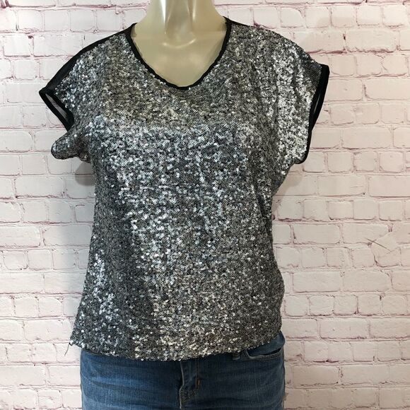 Chole K Silver sequin top with a sheer back - Picture 1 of 5